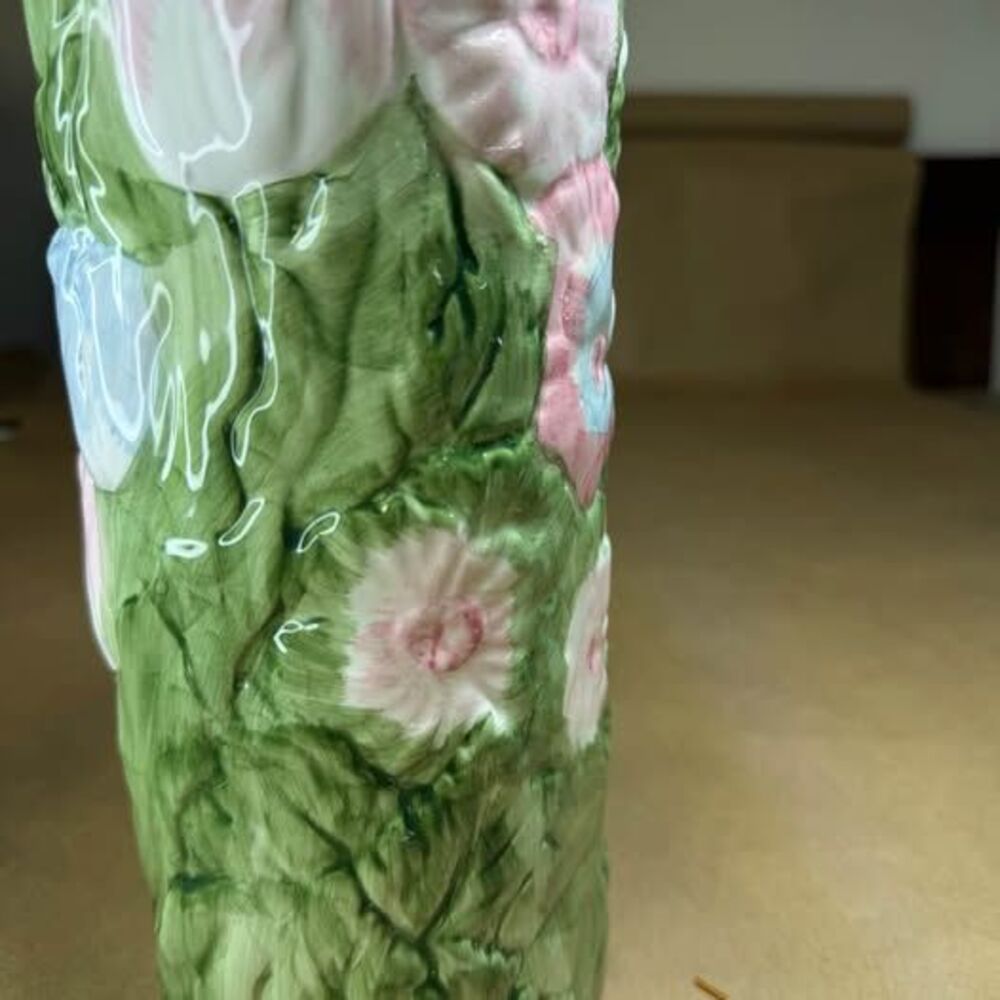 Vintage Hand Painted Ceramic Floral Vase Pink Blue Green Glazed Pottery